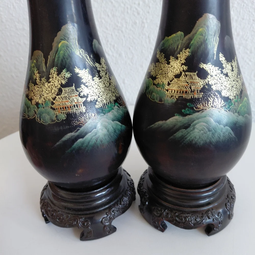 Antique Chinese Foochow Fuzhou Hand Painted Black Lacquered Wood 2 Vases.